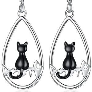 NEW BLACK CAT JEWELRY EARRINGS .925 STERLING SILVER PLATED KITTY MOMS DANGLE STY